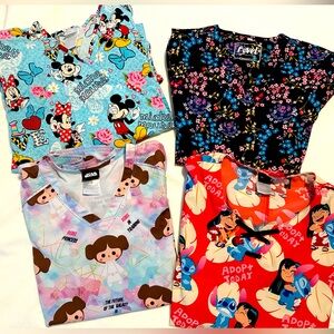 3 Disney & 1 Floral Scrub Top Size Small